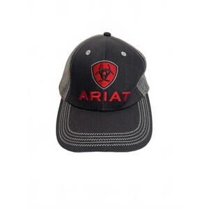 Ariat Black and Gray Mesh Baseball Cap W Red Logo Adjustable One Size Fits Most